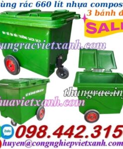 Thùng rác 660 lít nhựa composite 3 bánh đặc