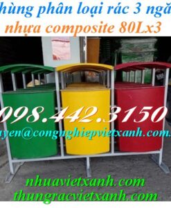 Thùng phân loại rác 3 ngăn mái che nhựa composite