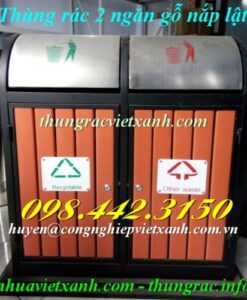 Thùng rác gỗ 2 ngăn nắp lật