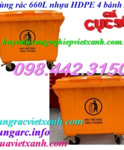 Thùng rác 660 Lít nhựa HDPE 4 bánh xe màu cam