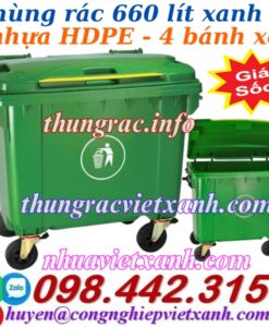Thùng rác 660 Lít nhựa HDPE 4 bánh xe màu xanh lá