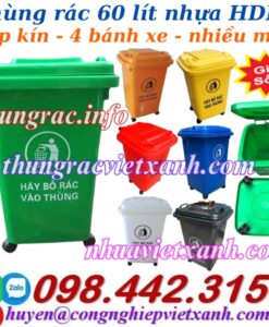 Thùng rác 60 lít nắp kín nhựa HDPE 4 bánh xe