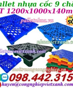 Pallet nhựa cốc 9 chân 1200x1000x140mm mặt lưới
